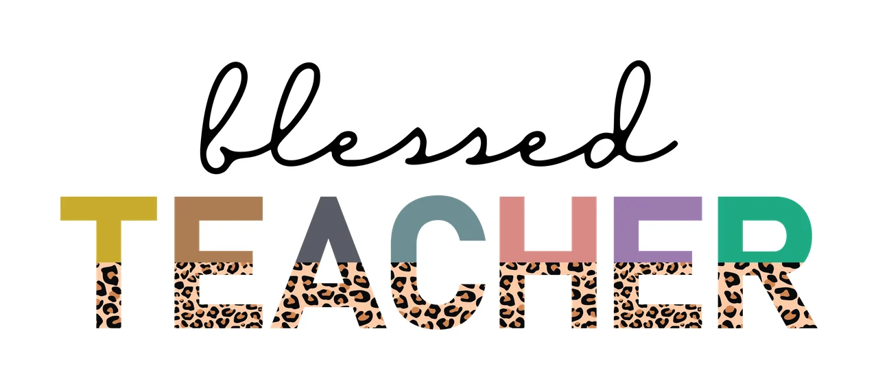 Blessed TEACHER Typography Design with black cursive 'blessed', multicolored block letters 'T E A C H E R' and leopard print pattern on bottom half of each letter in yellow and brown