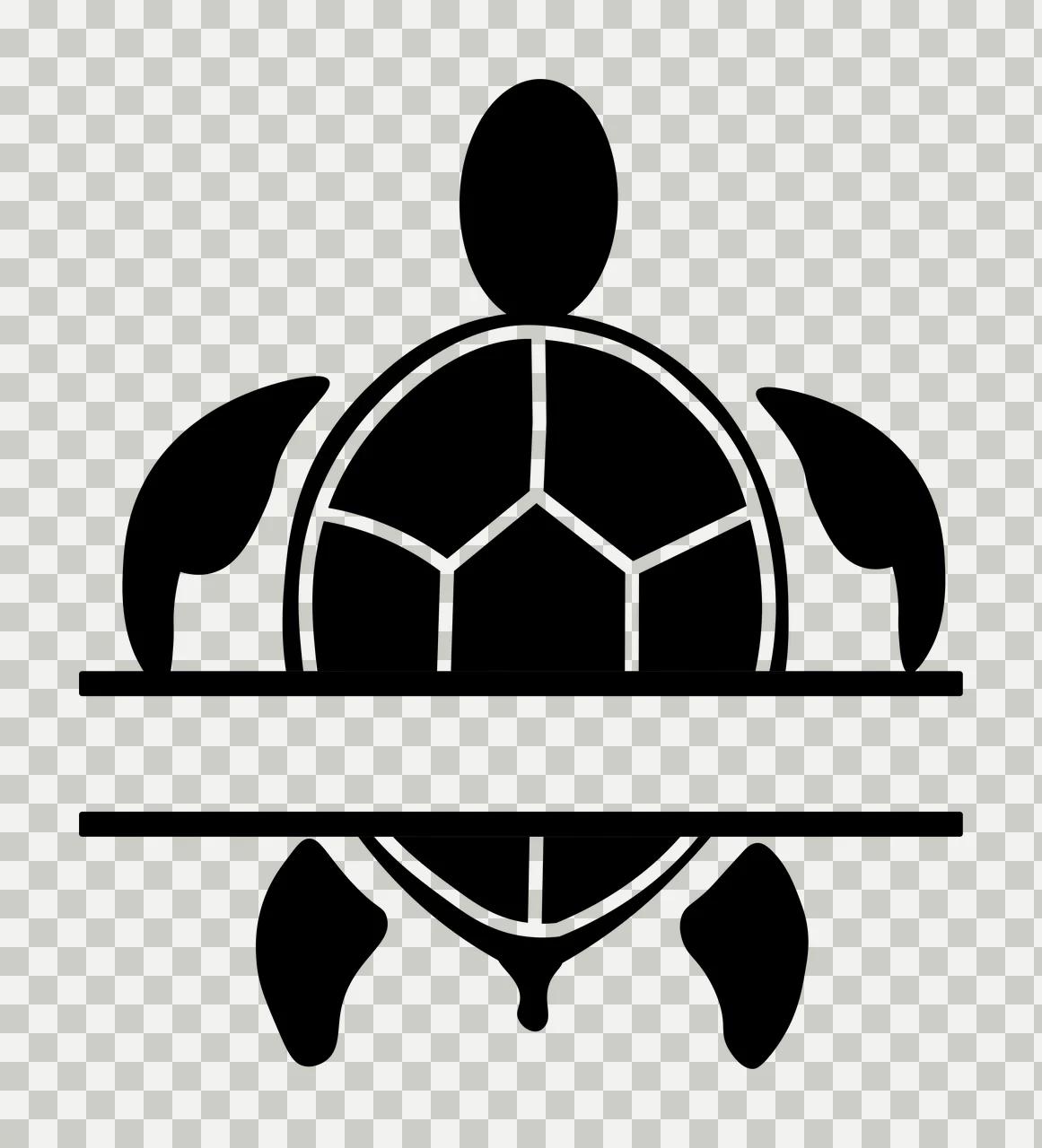 Silhouette Design of Sea turtle with geometric shell pattern, flippers, head and tail in black and white transparency and detail preview thumbnail
