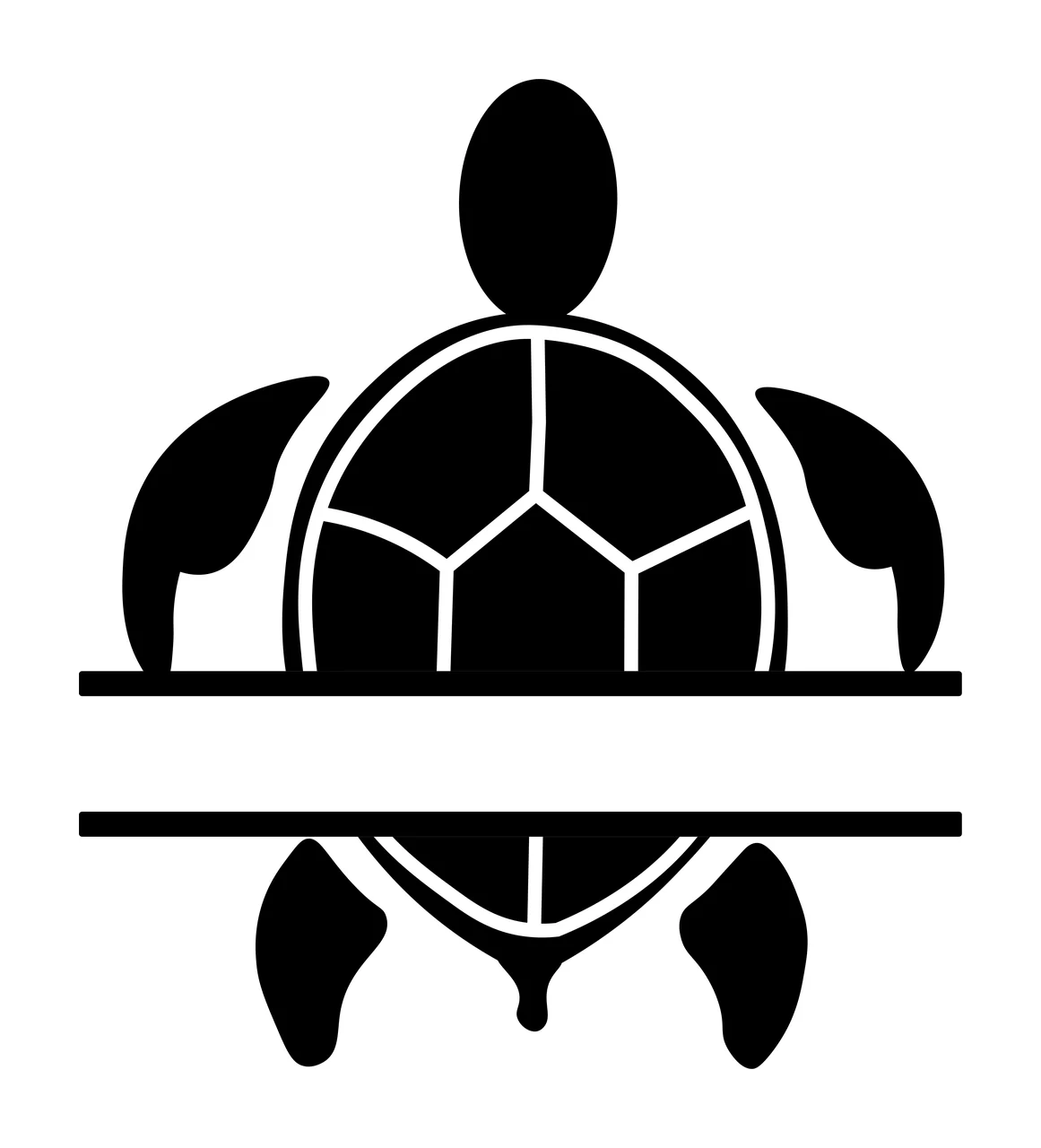 Silhouette Design of Sea turtle with geometric shell pattern, flippers, head and tail in black and white