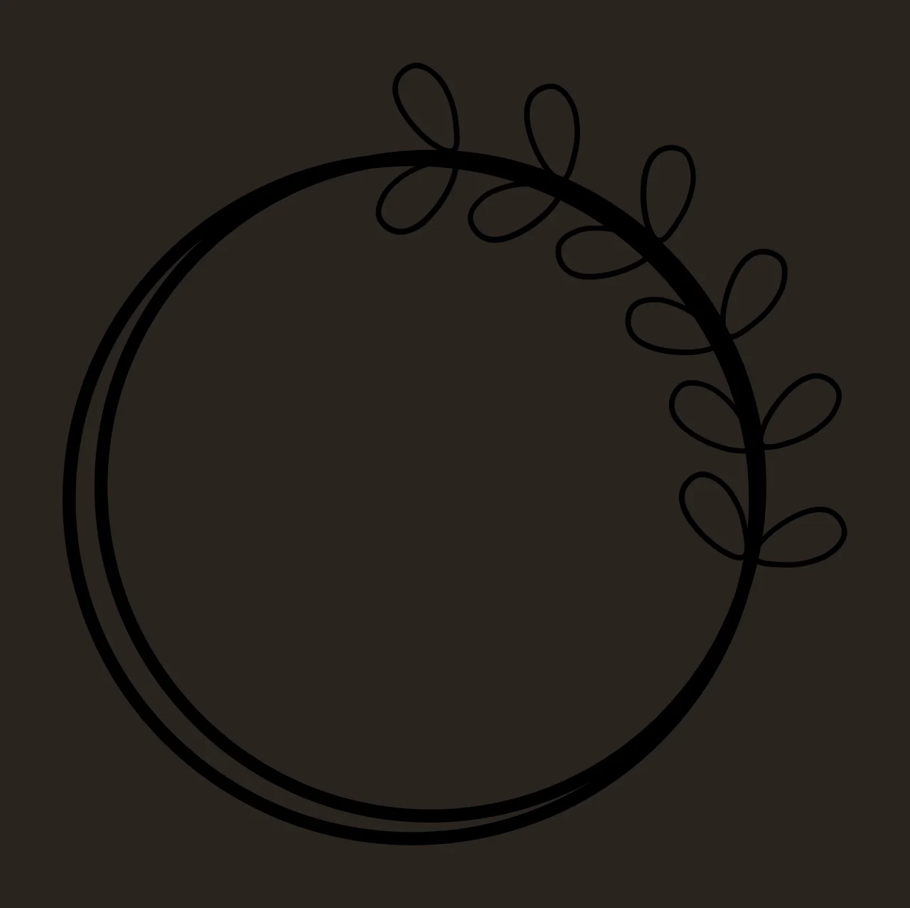 Line Art Illustration of circular frame with double circle, branch and leaves in black and white contrast preview thumbnail