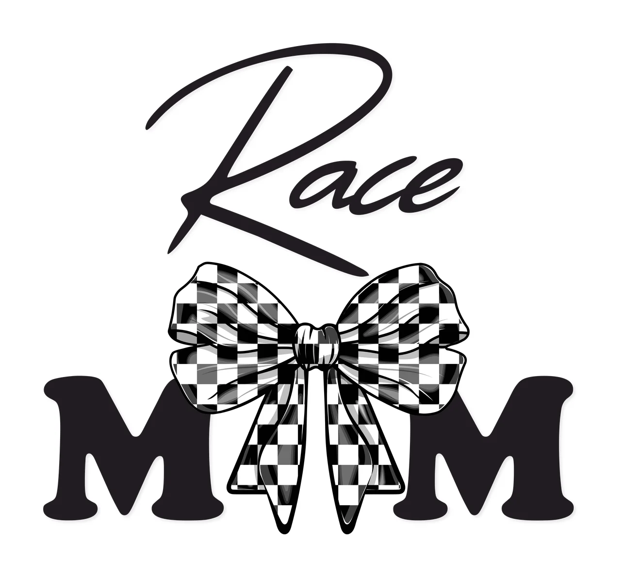 Race MOM Text with Central Bow Lettering Typographic Black and White Typography Label Ribbon Design
