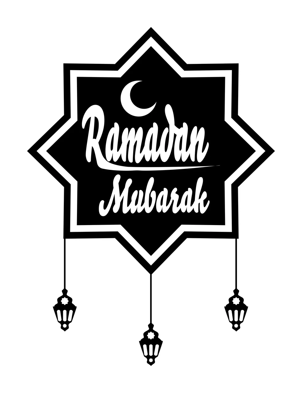 Ramadan Mubarak Typography Design with black star-shaped emblem with white border, white crescent moon, white cursive text 'Ramadan Mubarak' and three black hanging lanterns