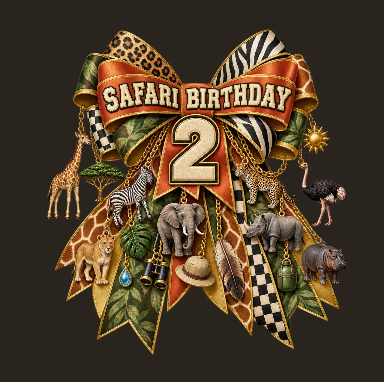 Safari Birthday 2 Bow Charm PNG, Jungle Animal Birthday Clipart, Transparent Sublimation Digital Download contrast preview thumbnail