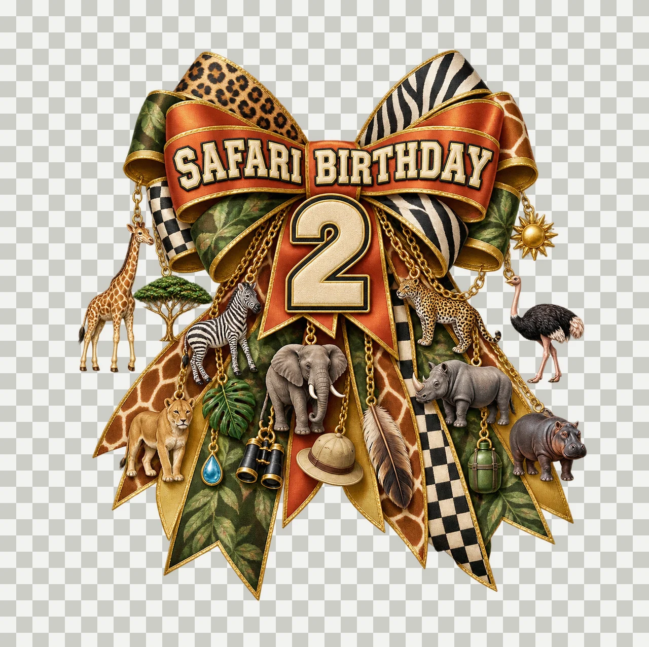 Safari Birthday 2 Bow Charm PNG, Jungle Animal Birthday Clipart, Transparent Sublimation Digital Download transparency and detail preview thumbnail