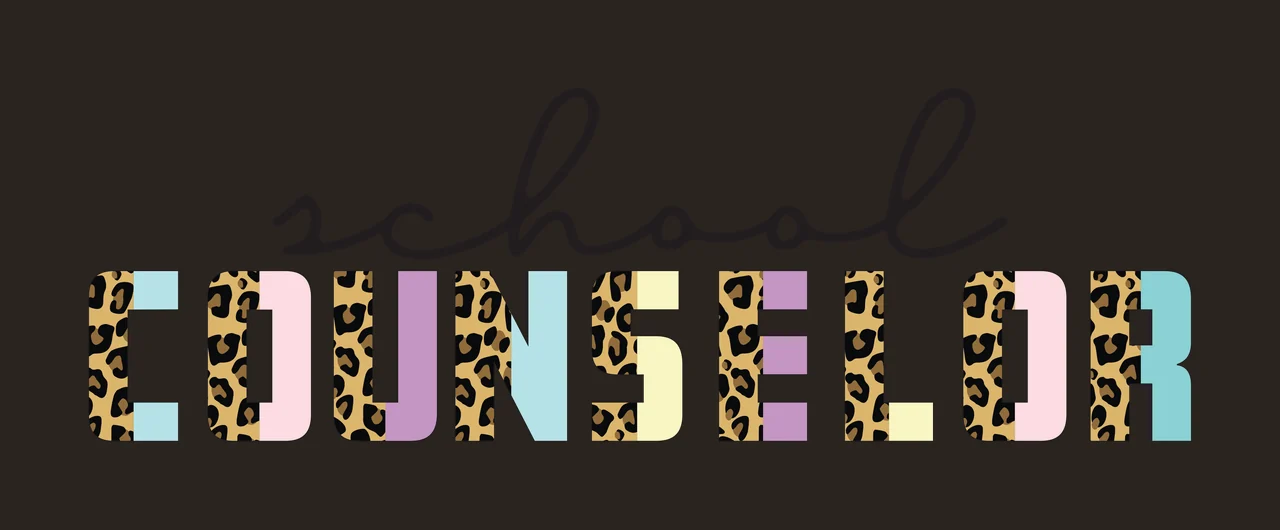 School COUNSELOR Typography Design with leopard print pattern, pastel-colored blocks, black cursive script and bold block letters in brown and light blue contrast preview thumbnail