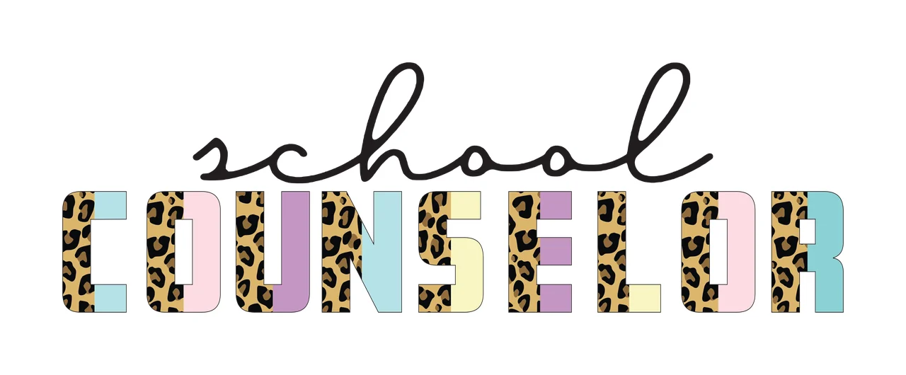 School COUNSELOR Typography Design with leopard print pattern, pastel-colored blocks, black cursive script and bold block letters in brown and light blue