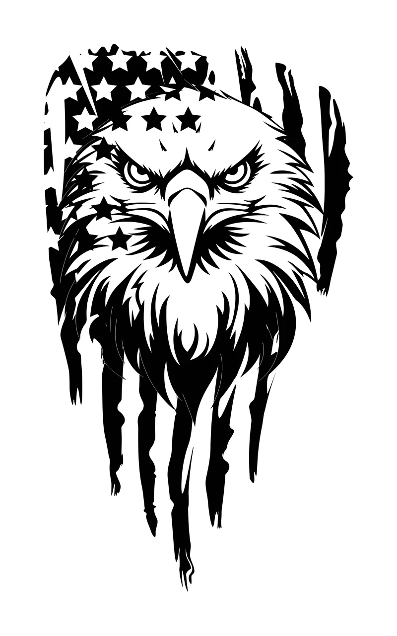 Eagle Flag Head On Distressed layered stars stripes black white