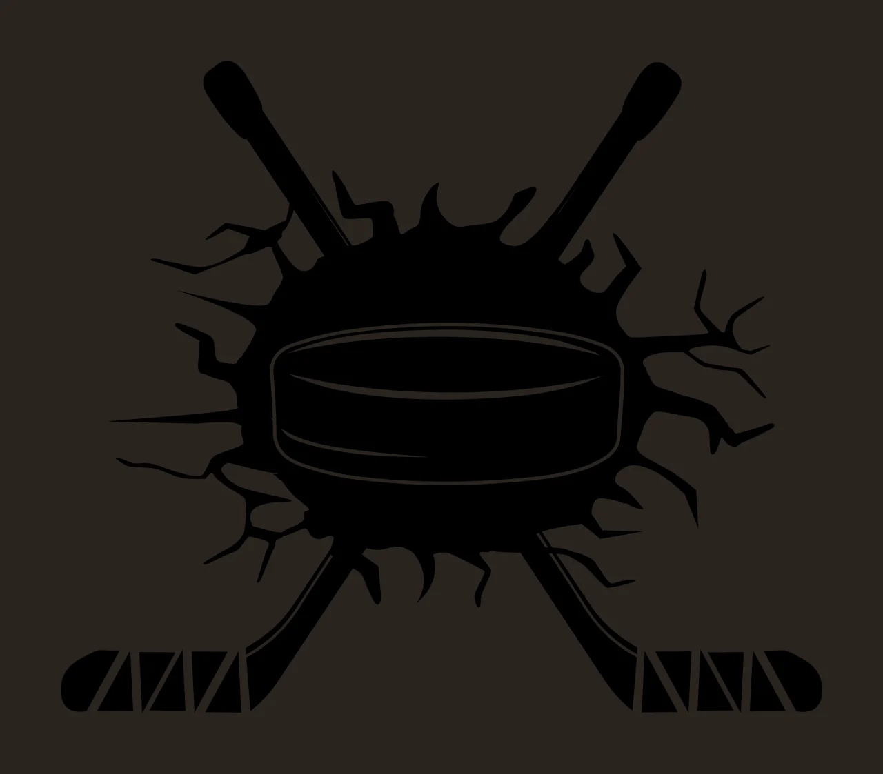 Silhouette Design of hockey puck and crossed hockey sticks with taped blade, cracked surface and impact hole in black and white contrast preview thumbnail