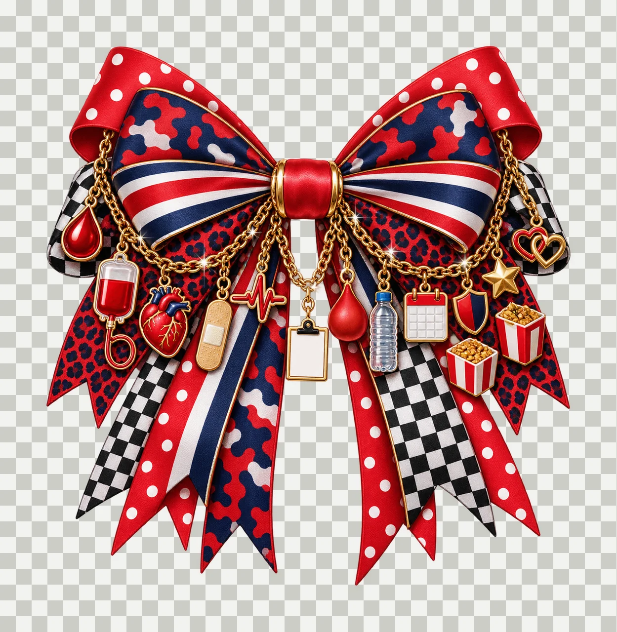 Blood Donor Bow Charm PNG, Blood Drop Donation Bag Heart and Bandage Charms, Awareness Sublimation Design, Transparent Download transparency and detail preview thumbnail