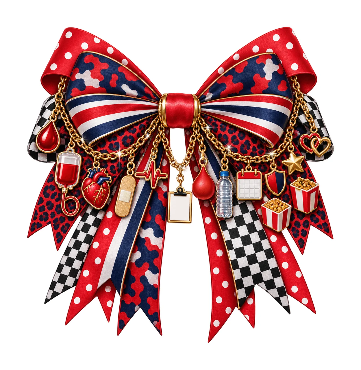 Blood Donor Bow Charm PNG, Blood Drop Donation Bag Heart and Bandage Charms, Awareness Sublimation Design, Transparent Download