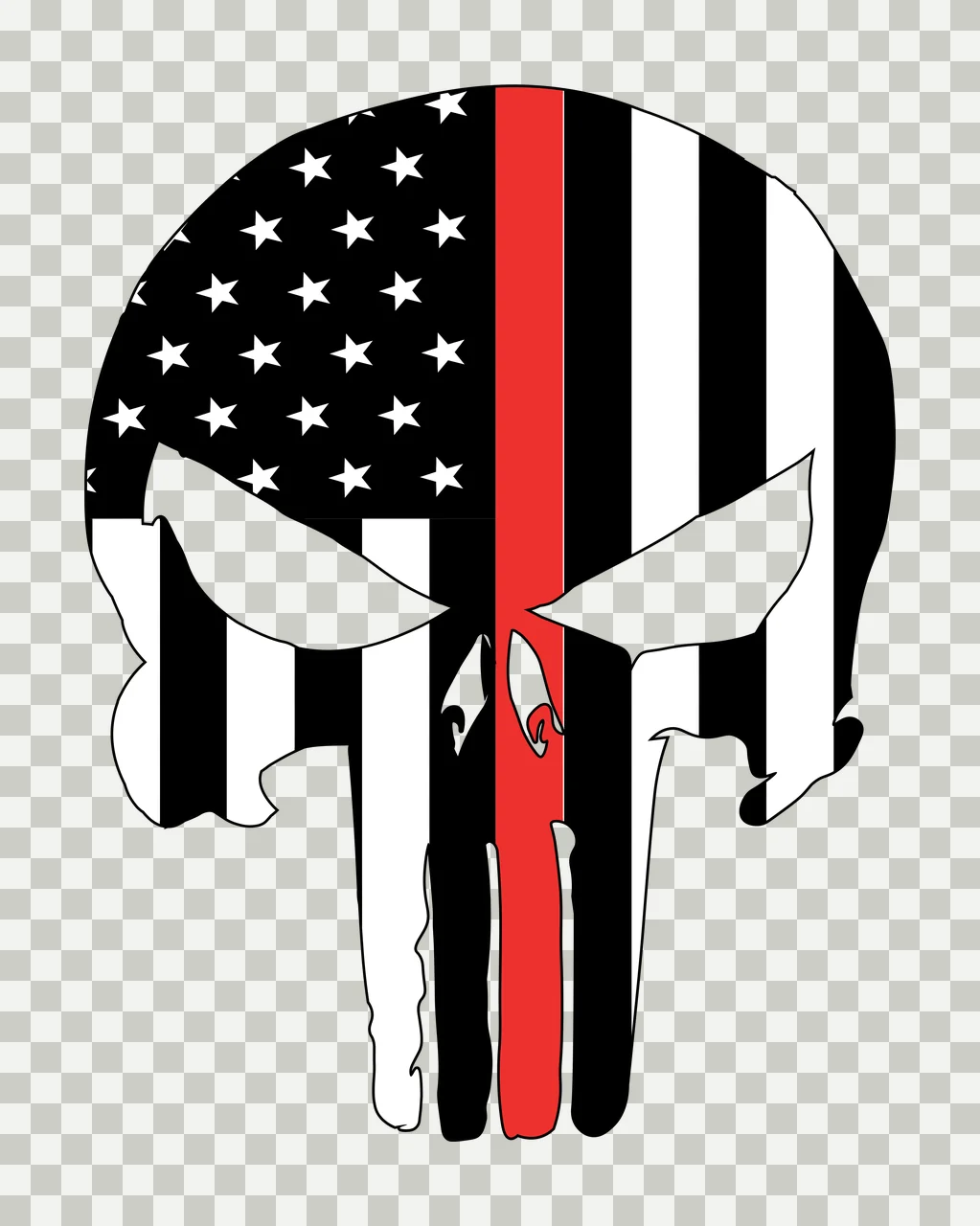 Skull silhouette Illustration with stars, stripes and red line in black and white transparency and detail preview thumbnail
