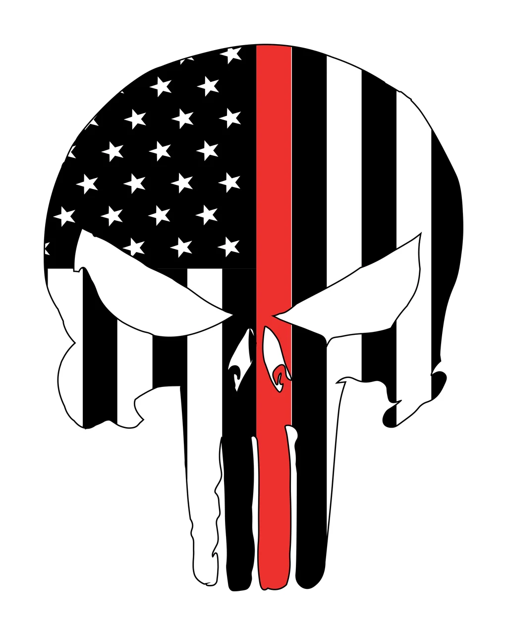 Skull silhouette Illustration with stars, stripes and red line in black and white