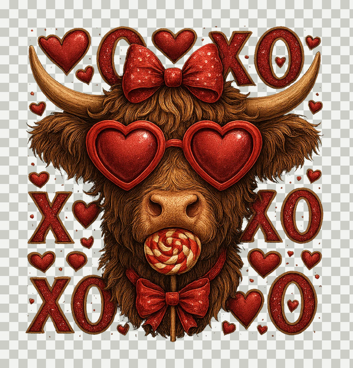Valentine Highland Cow XOXO Coquette Design Cute Cow transparency and detail preview thumbnail