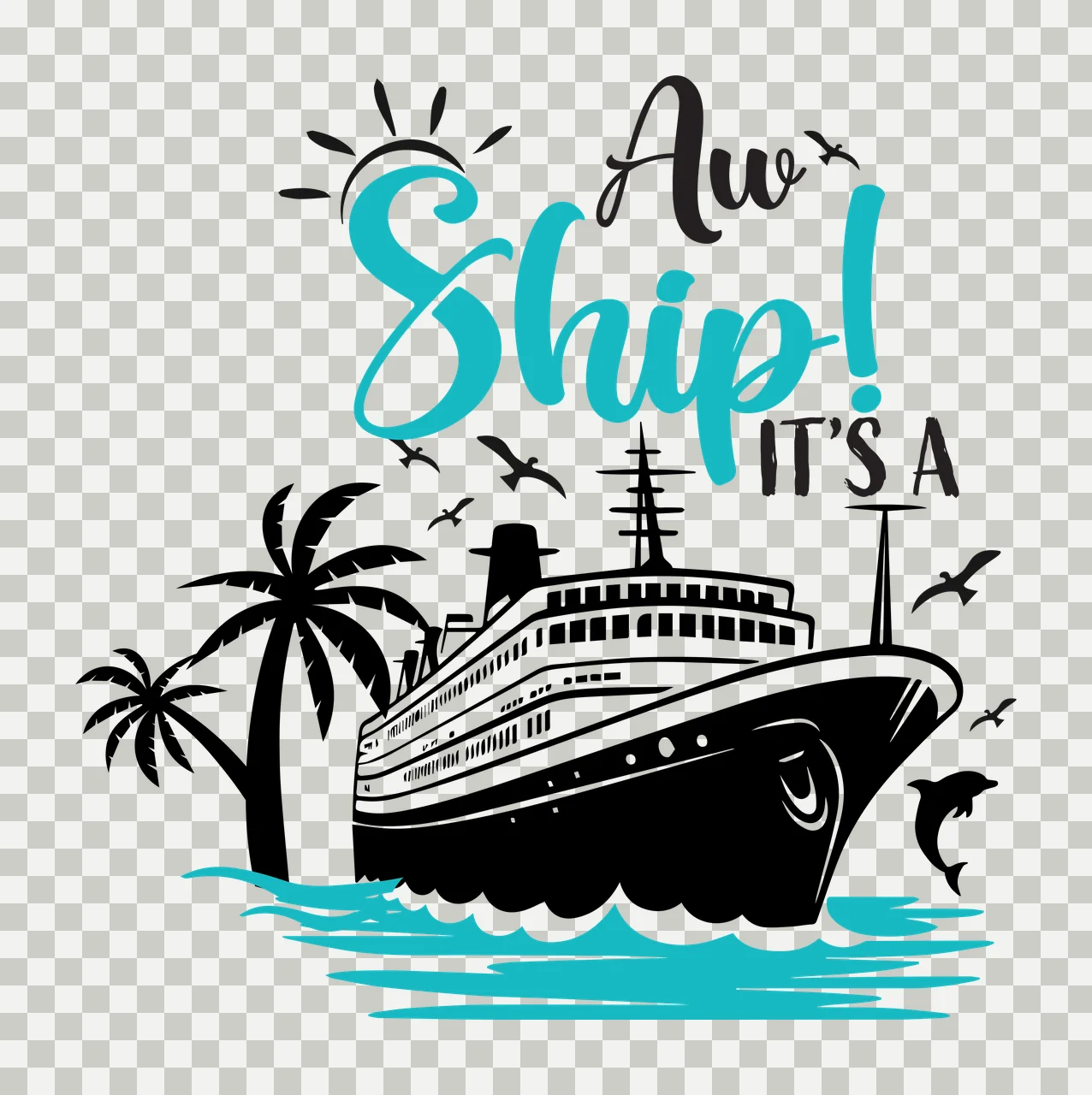 Cruise Vessel Illustration floating palm trees birds dolphin transparency and detail preview thumbnail