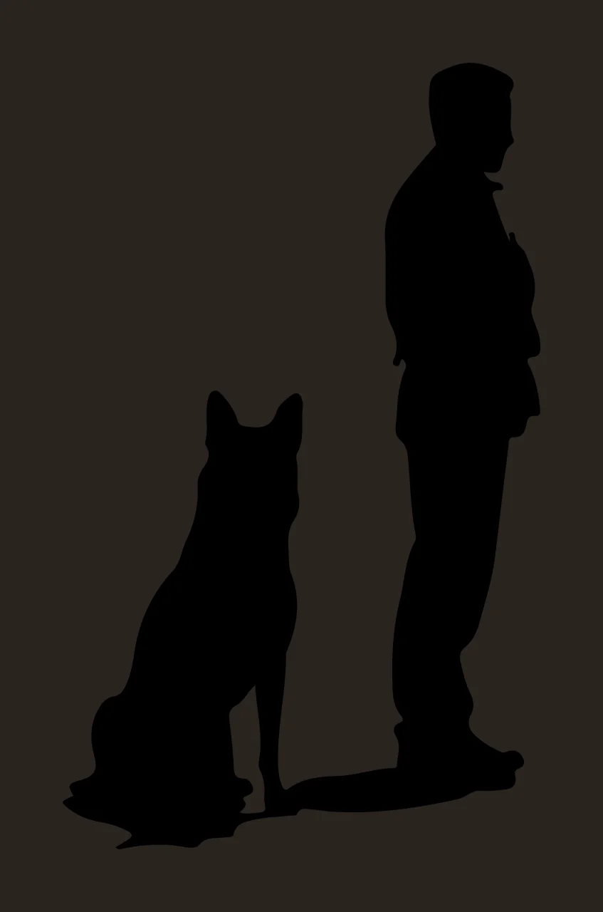 Dog Black Silhouette Of A Person Standing Beside and sitting contrast preview thumbnail