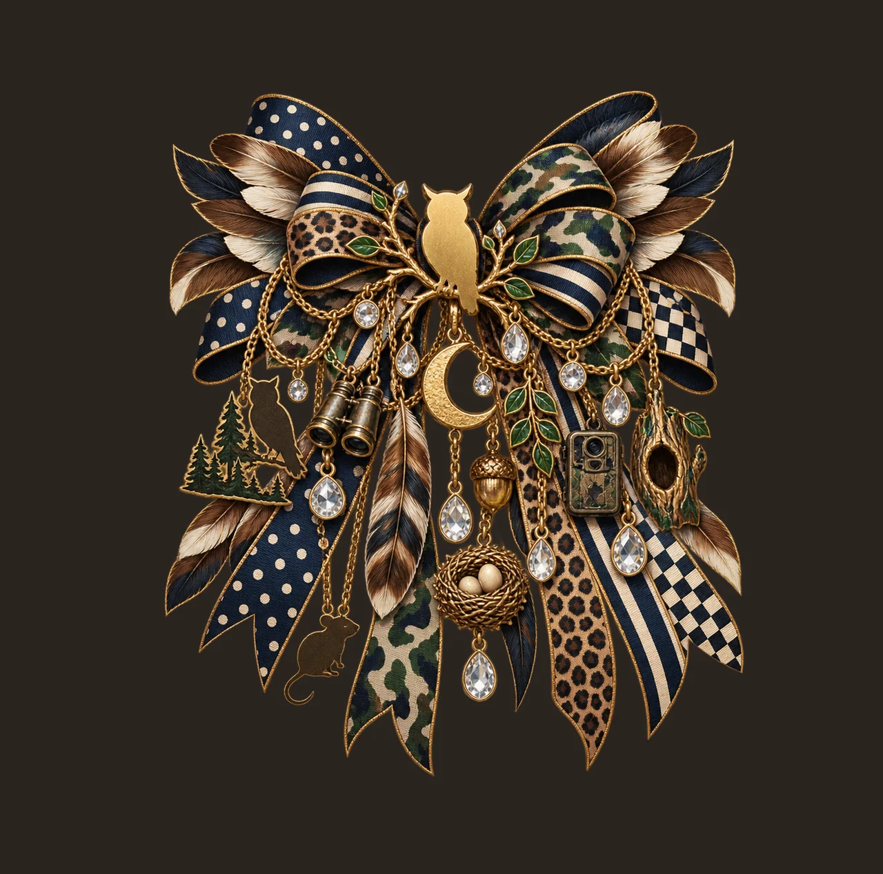 Owl Lover Bow Charm PNG, Gold Chain Charms, Transparent Sublimation Design, Digital Download contrast preview thumbnail