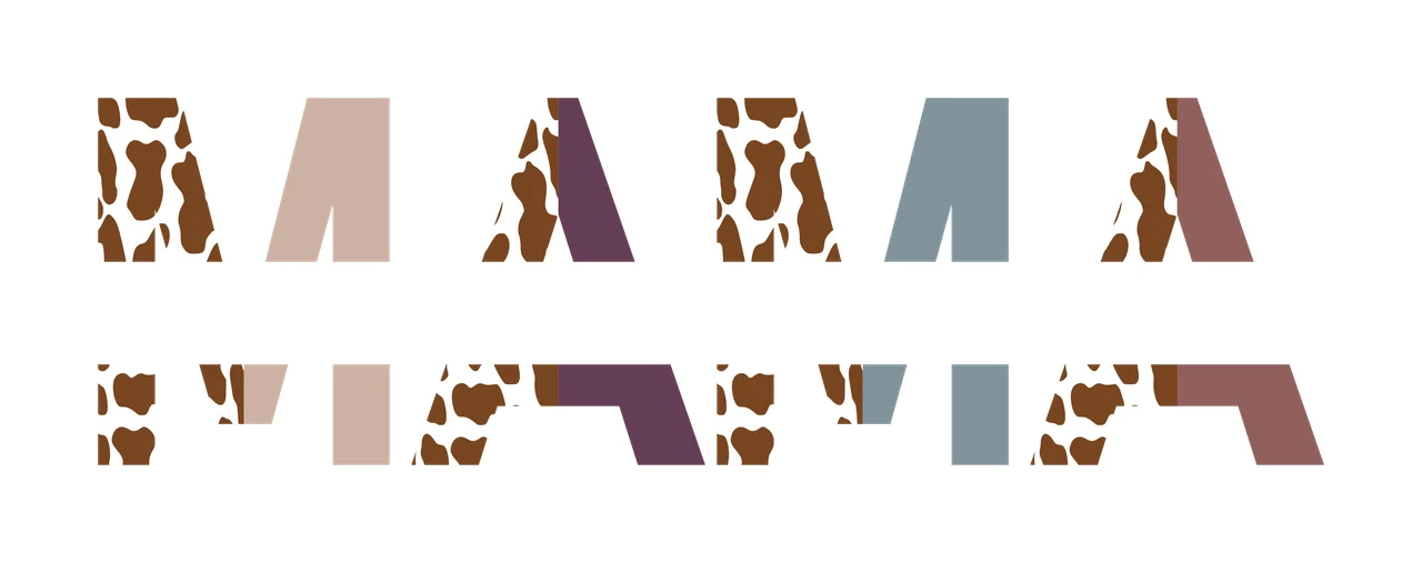 MAMA Typography Design with MAMA lettering, split font layout, cow print pattern and solid color blocks in white, brown and tan