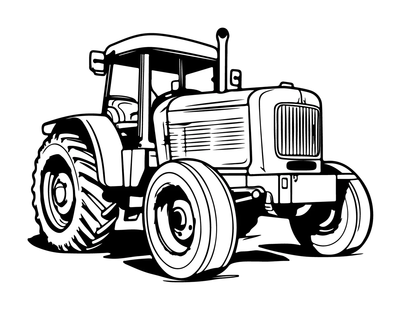 Black And White Tractor Illustration parked wheels exhaust pipe