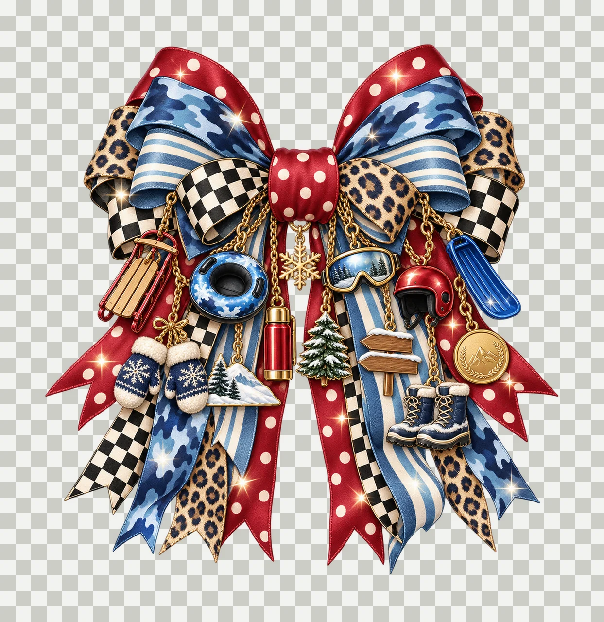 Sledding Lover Bow Charm PNG, Themed Gold Chain Charms, Coquette Ribbon Sublimation Design, Transparent Digital Download transparency and detail preview thumbnail
