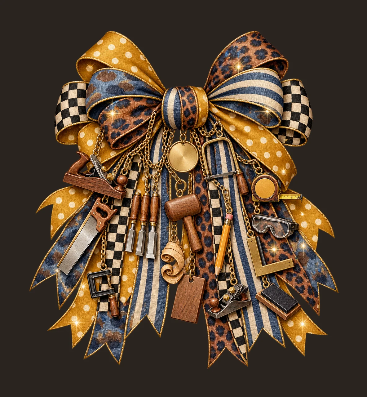 Woodworker Bow Charm PNG, Themed Gold Chain Charms, Coquette Ribbon Sublimation Design, Transparent Digital Download contrast preview thumbnail