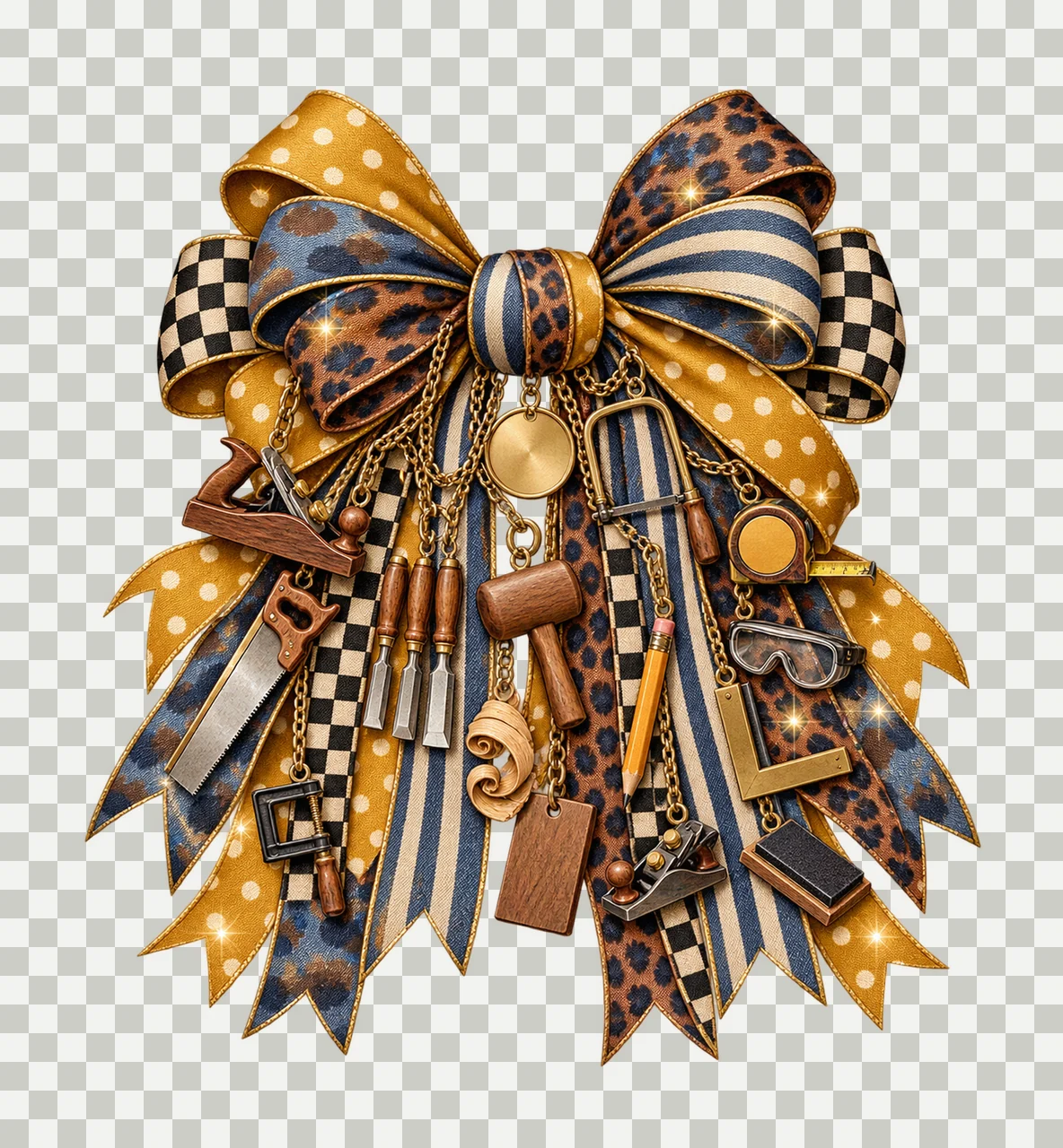 Woodworker Bow Charm PNG, Themed Gold Chain Charms, Coquette Ribbon Sublimation Design, Transparent Digital Download transparency and detail preview thumbnail