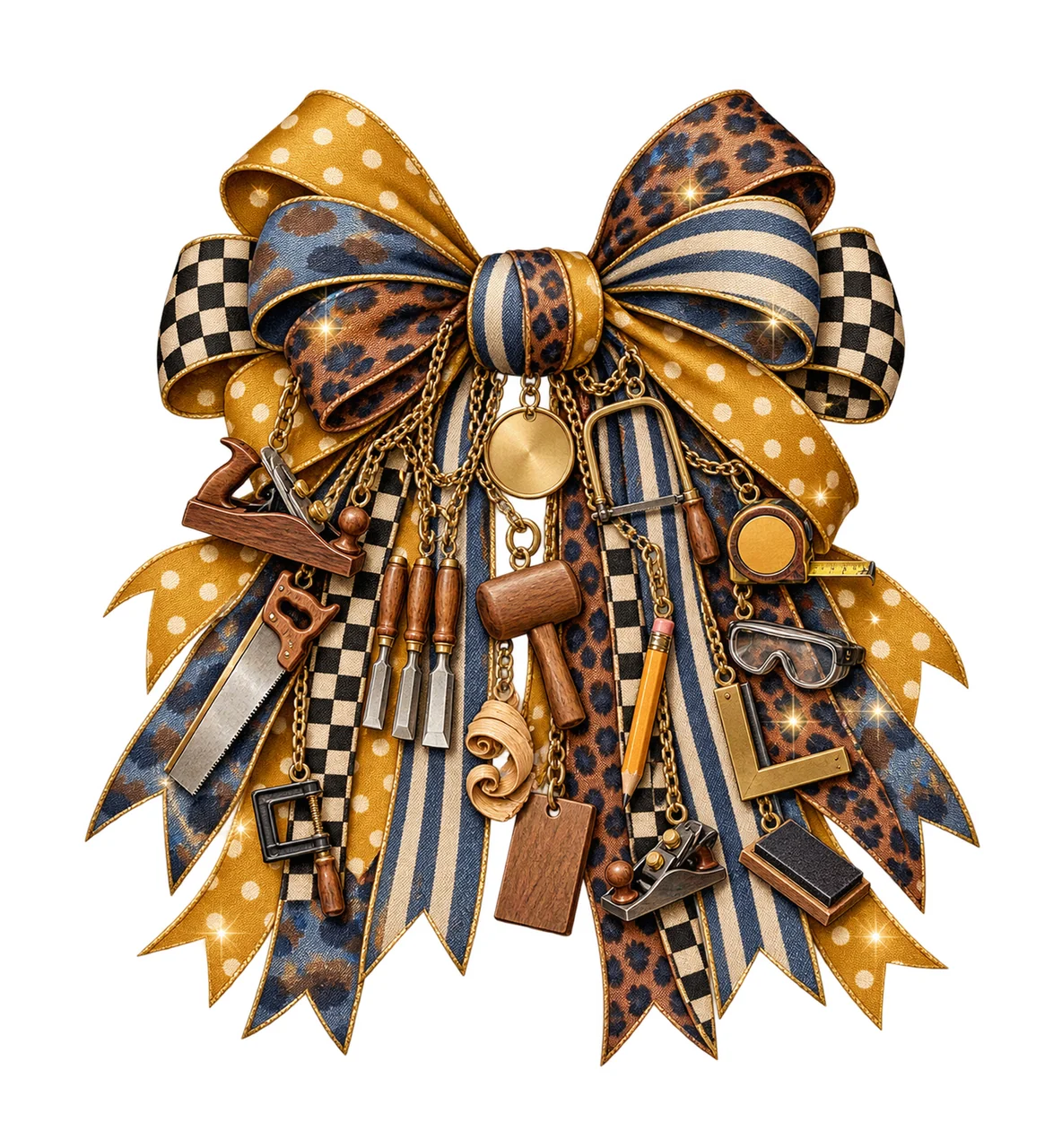 Woodworker Bow Charm PNG, Themed Gold Chain Charms, Coquette Ribbon Sublimation Design, Transparent Digital Download