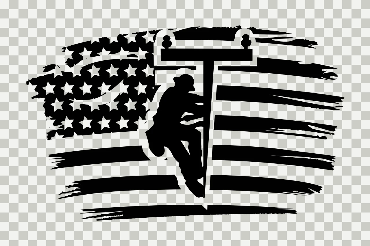 Lineman silhouette Illustration with utility pole, American flag, stars and stripes in black and white transparency and detail preview thumbnail