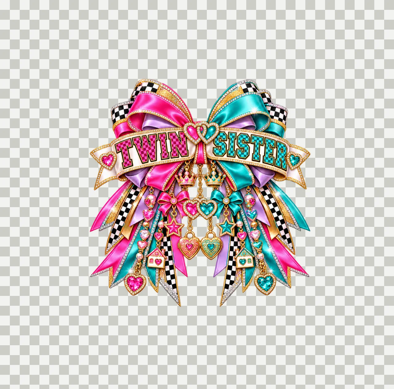 Twin Sister Bow Charm PNG, Patterned Coquette Bow Clipart, Transparent Sublimation Digital Download transparency and detail preview thumbnail