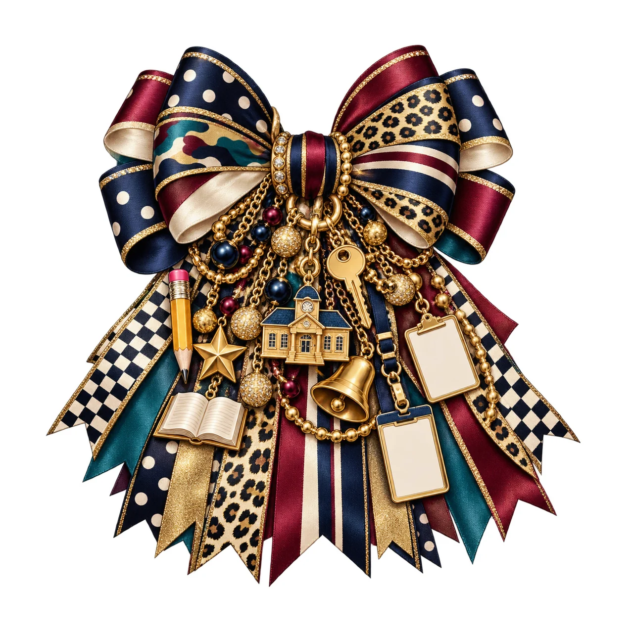 School Principal Bow Charm PNG, Themed Gold Chain Charms, Coquette Ribbon Sublimation Design, Transparent Digital Download