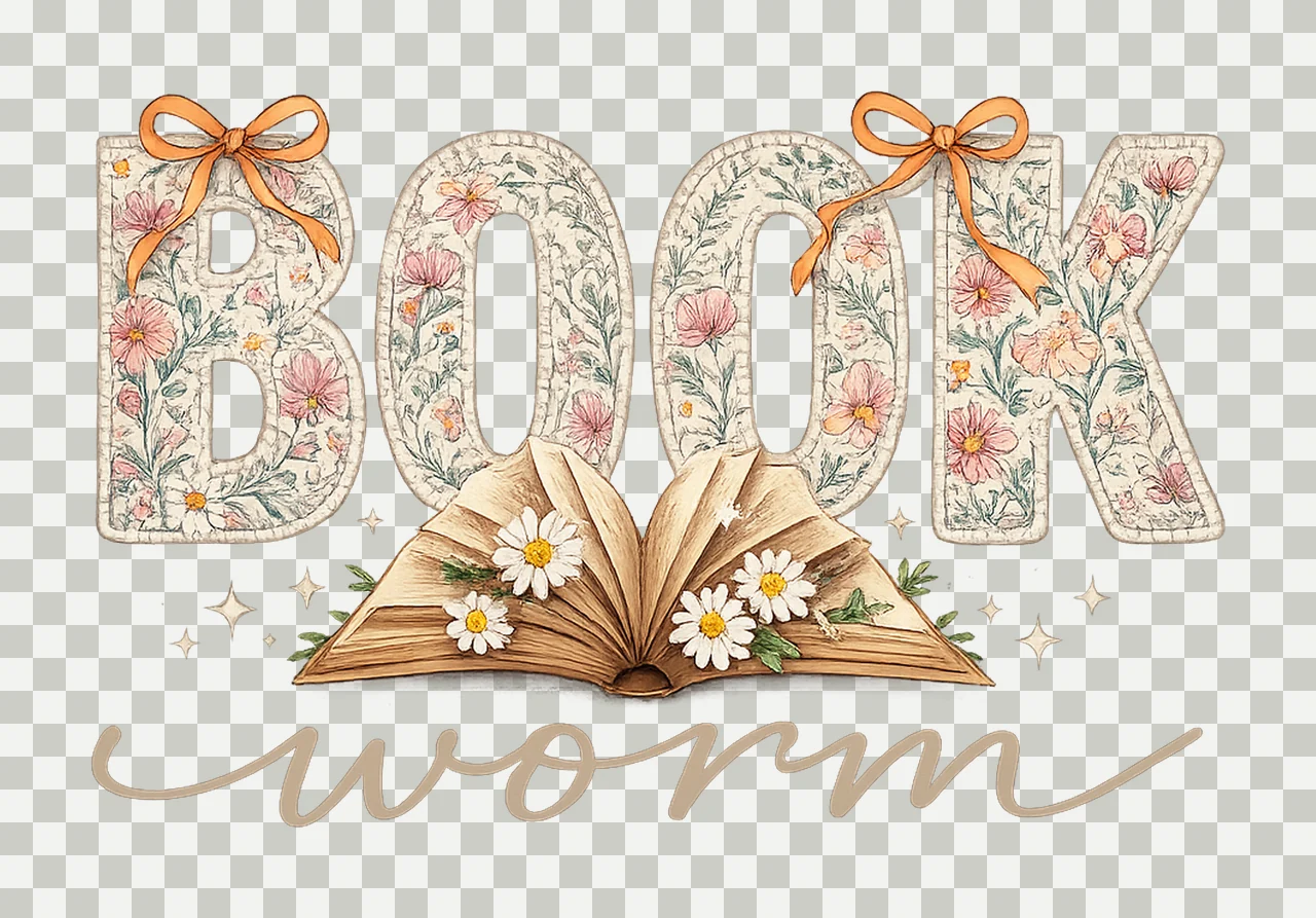 Bookworm Floral Book Reading Grandmillennial Coquette Bow transparency and detail preview thumbnail