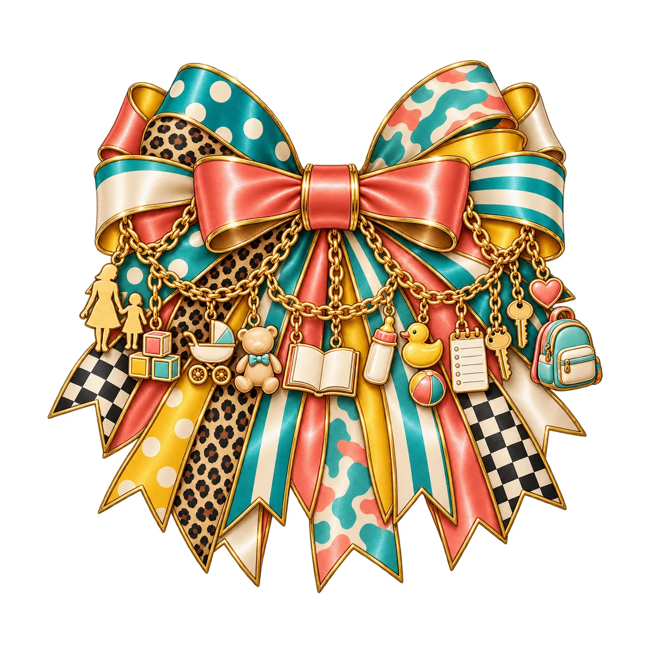 Nanny Bow Charm PNG, Gold Chain Charms, Transparent Sublimation Design, Digital Download