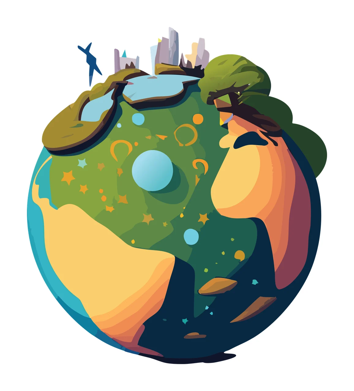 Stylized Globe With Miniature Buildings floating towers silhouette