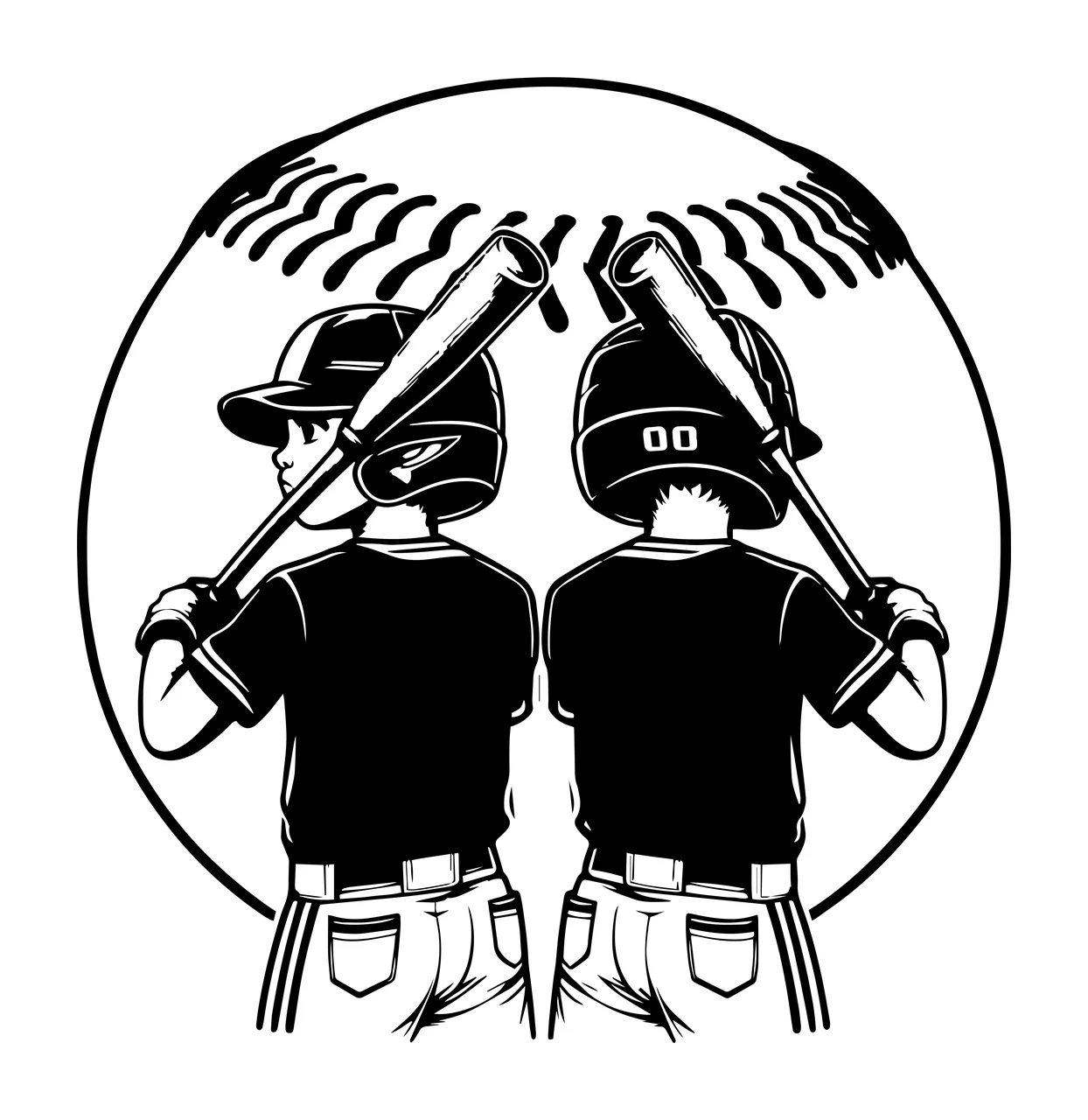 Baseball Two Players Holding Bats standing with sketch black