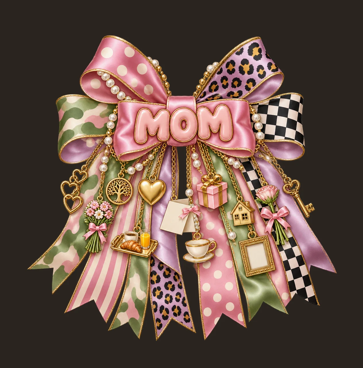 Mom / Mother's Day Bow Charm PNG, Gold Chain Charms, Transparent Sublimation Design, Digital Download contrast preview thumbnail