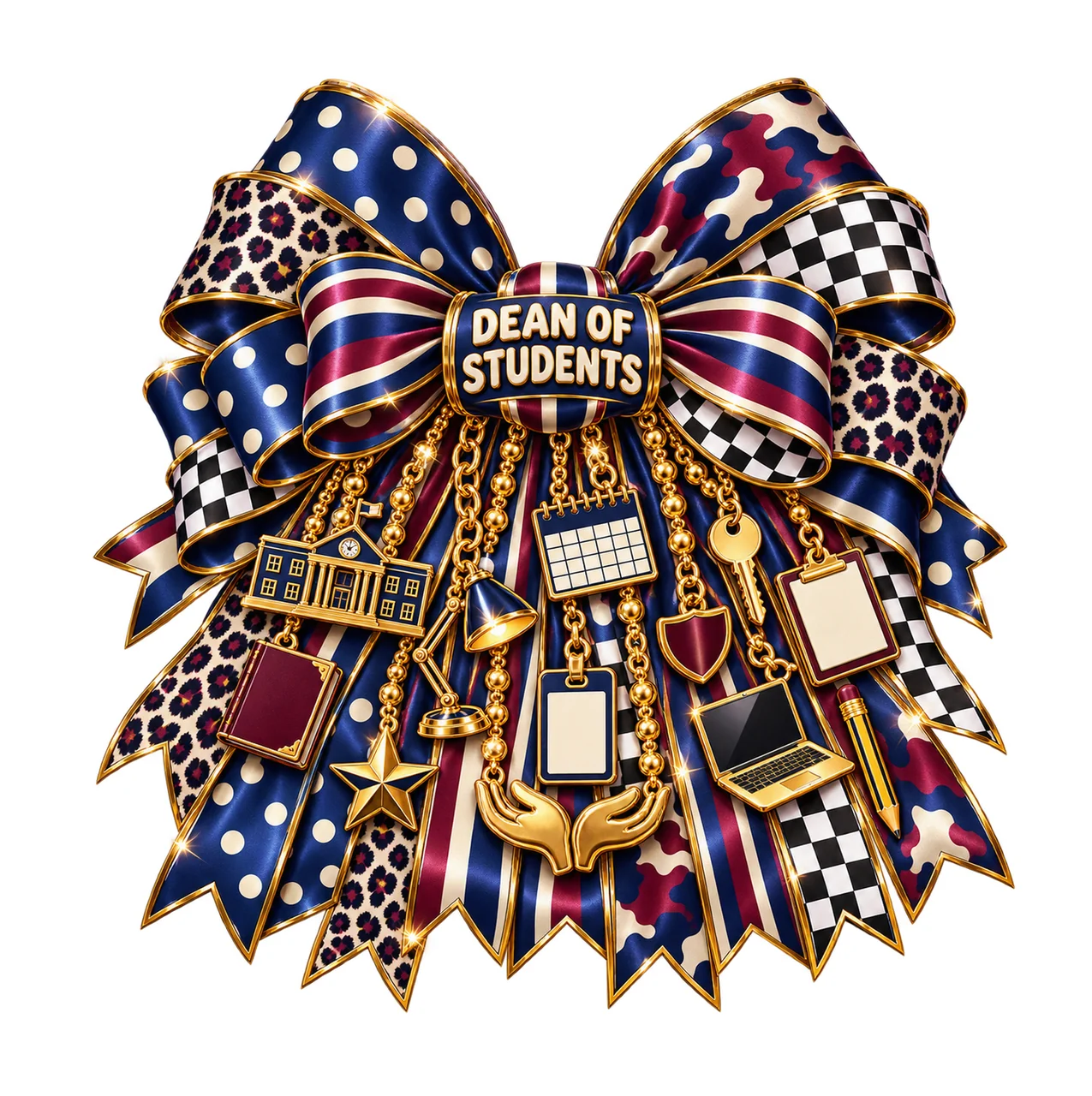 Dean of Students Bow Charm PNG, Gold Chain Charms, Transparent Sublimation Design, Digital Download