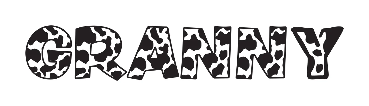 GRANNY Typography Design with cow print pattern, block letters and text GRANNY in black and white