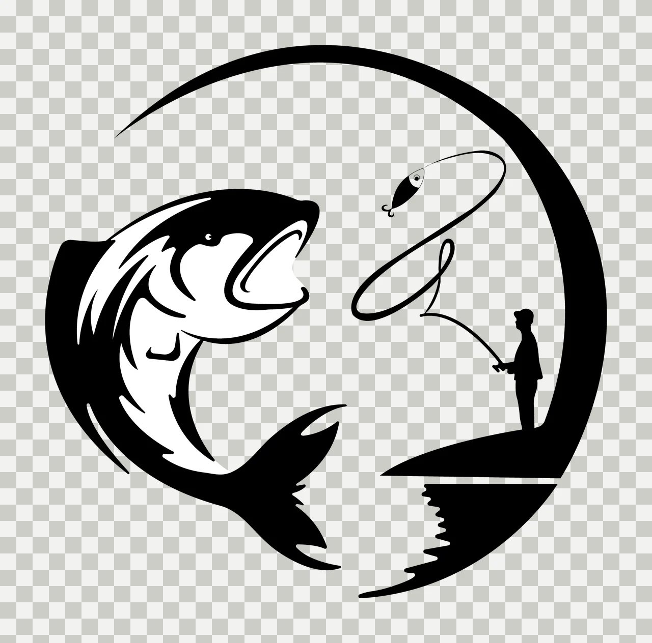 Fish Minimalist Black And White Silhouette person fishing rod transparency and detail preview thumbnail