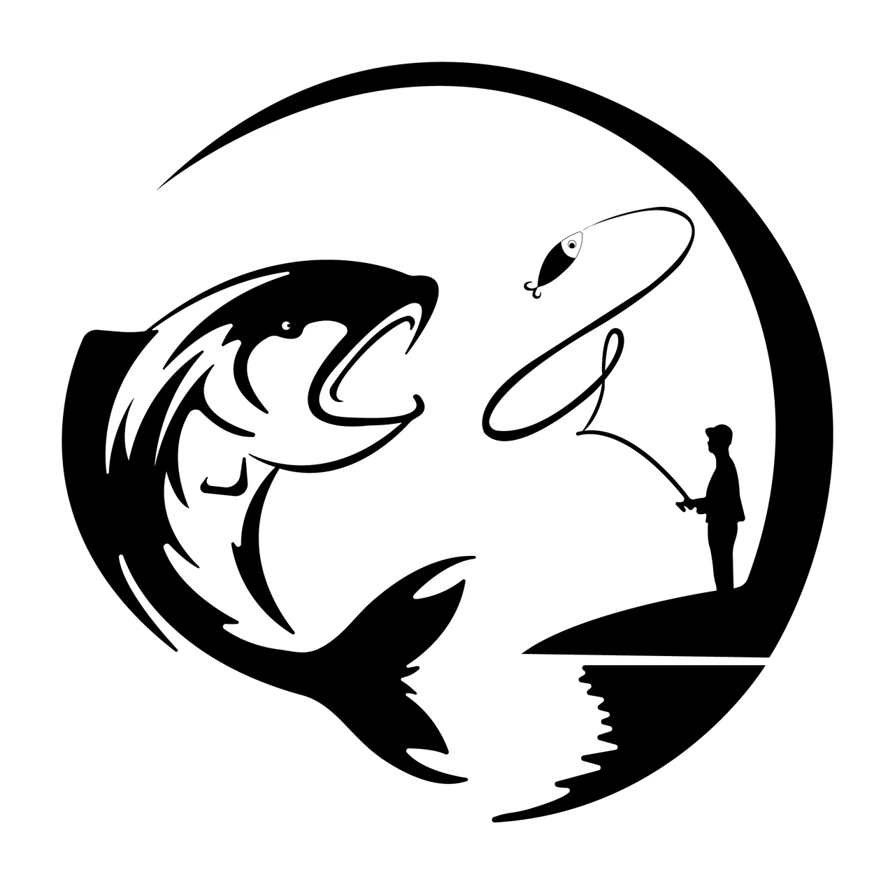 Fish Minimalist Black And White Silhouette person fishing rod