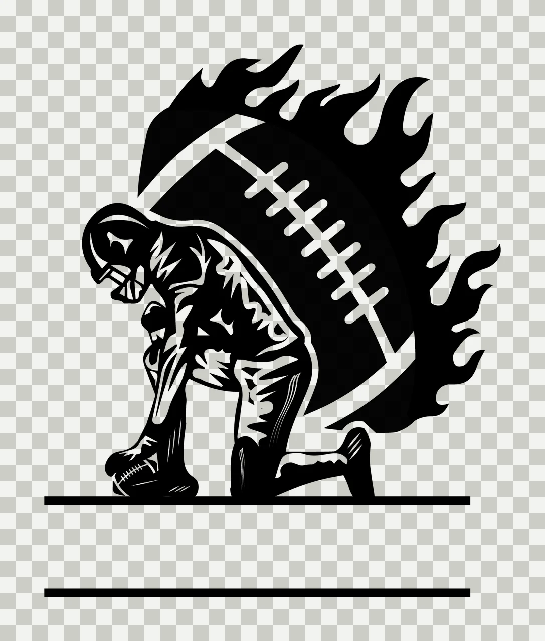 Football Player Kneeling On One Knee flames lines black white transparency and detail preview thumbnail