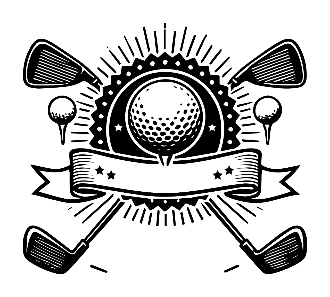 Golf Ball Emblem With Clubs banner stars engraving black white