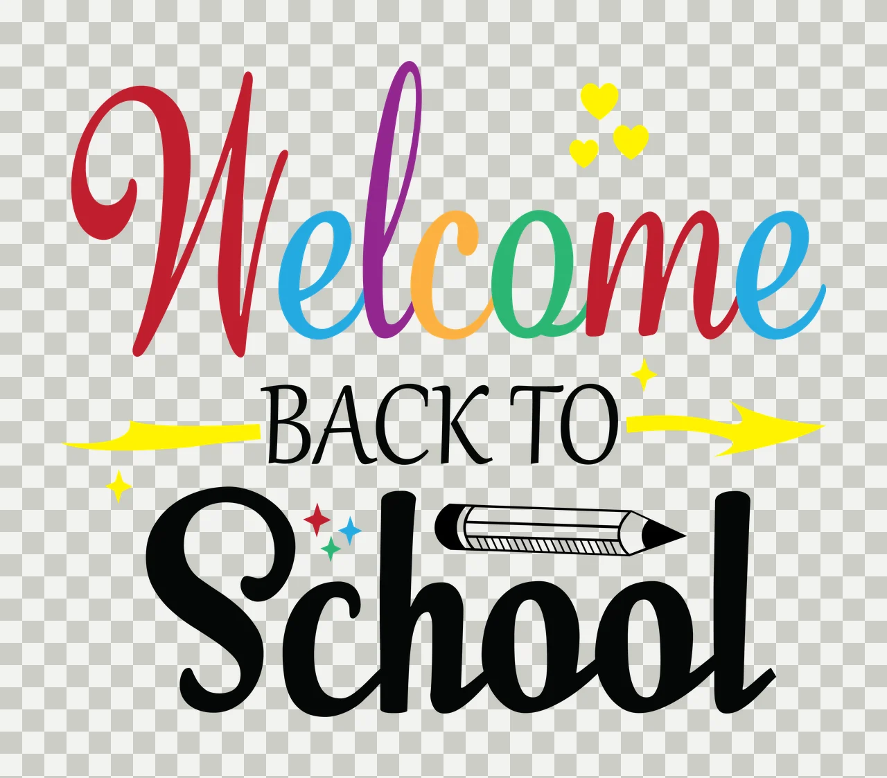 Welcome Back To School Text Design pencil hearts stars arrows transparency and detail preview thumbnail