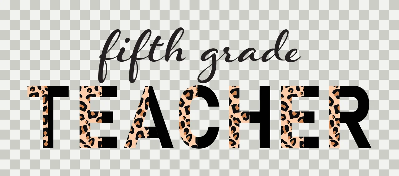 Fifth grade TEACHER Typography Design with script lettering, block lettering, leopard print pattern and split letters in black, beige and tan transparency and detail preview thumbnail