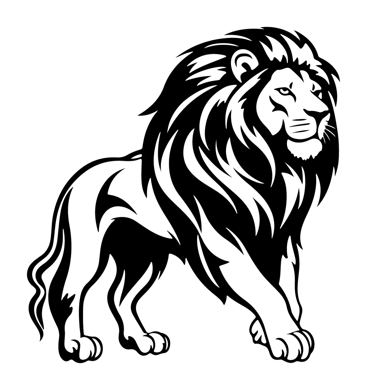 Lion Side View Walking Silhouette mane tail black white background