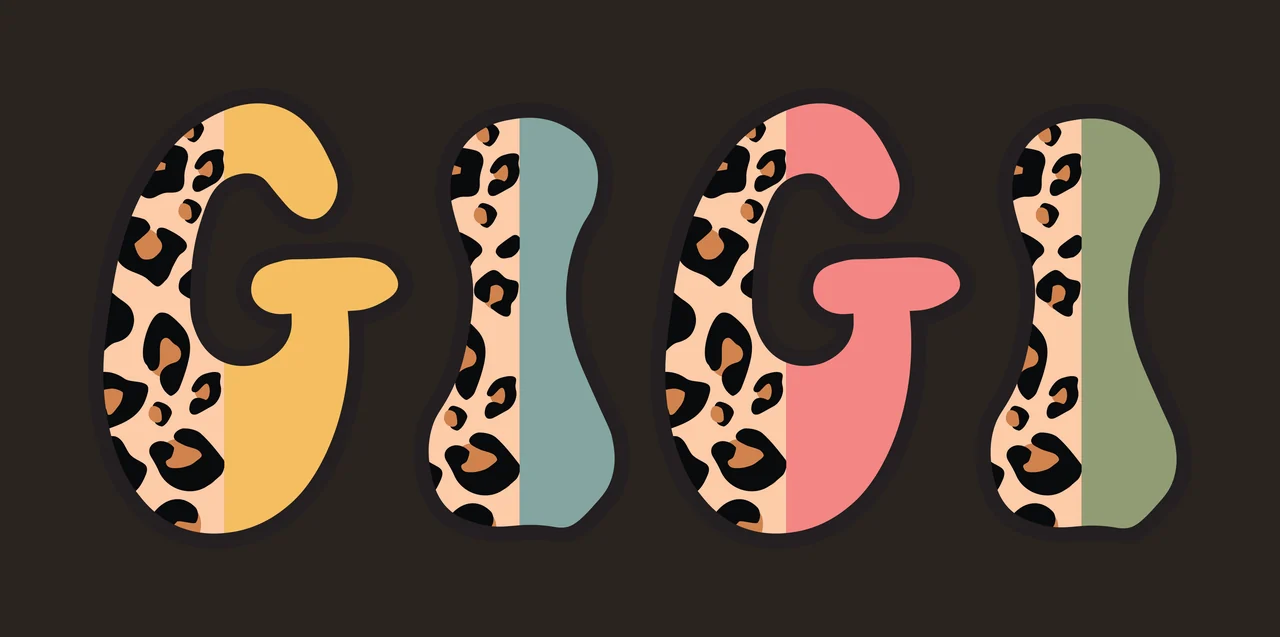GIGI Typography Design with leopard print pattern, pastel color blocks, bold black outlines and letter G in yellow and beige contrast preview thumbnail