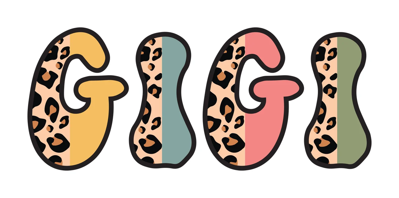GIGI Typography Design with leopard print pattern, pastel color blocks, bold black outlines and letter G in yellow and beige