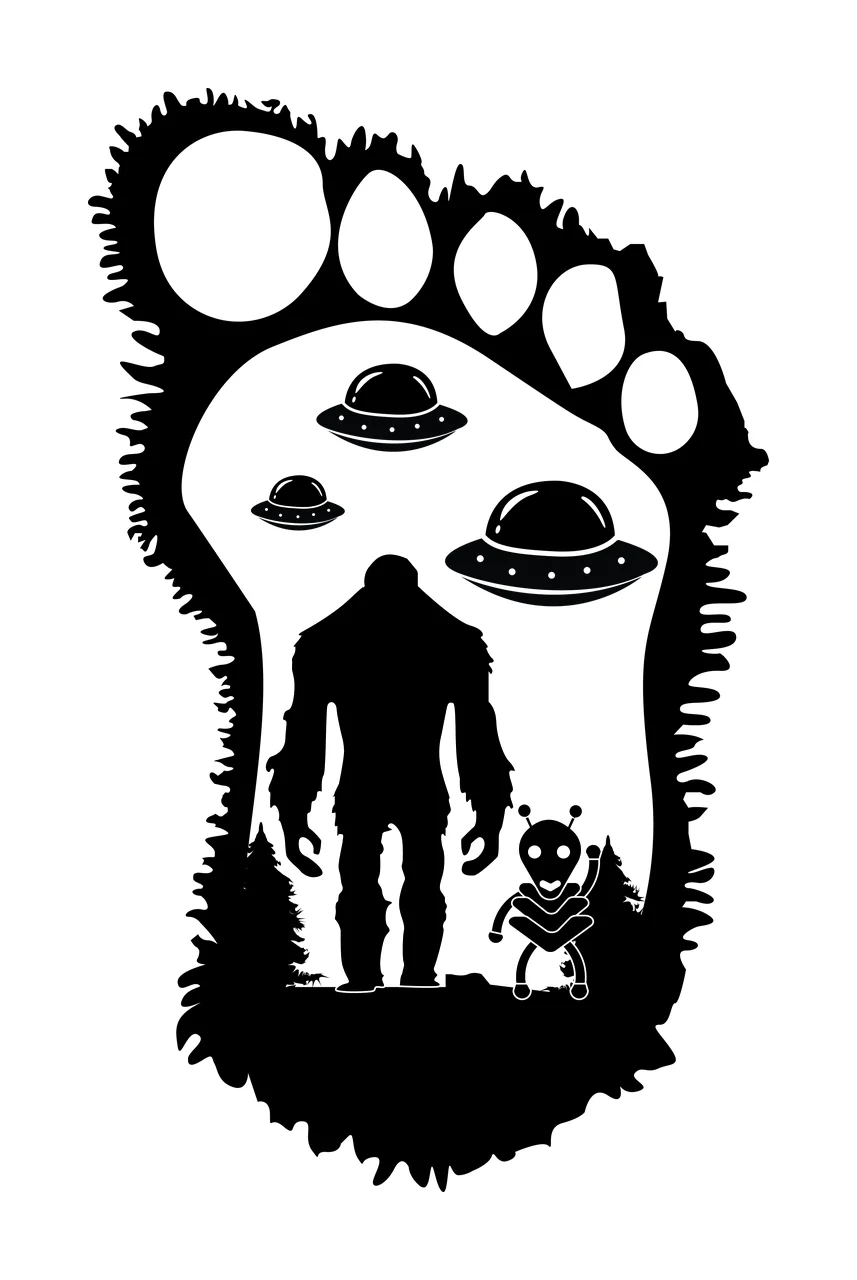 Footprint Silhouette With Aliens And Forest humanoid alien