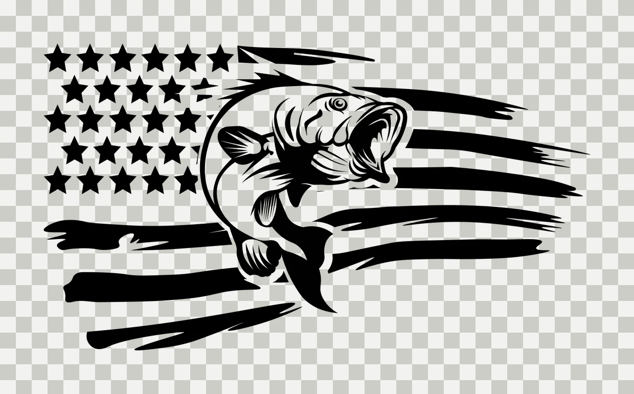 Fishing Bass Fish Over American Flag jumping stars stripes transparency and detail preview thumbnail
