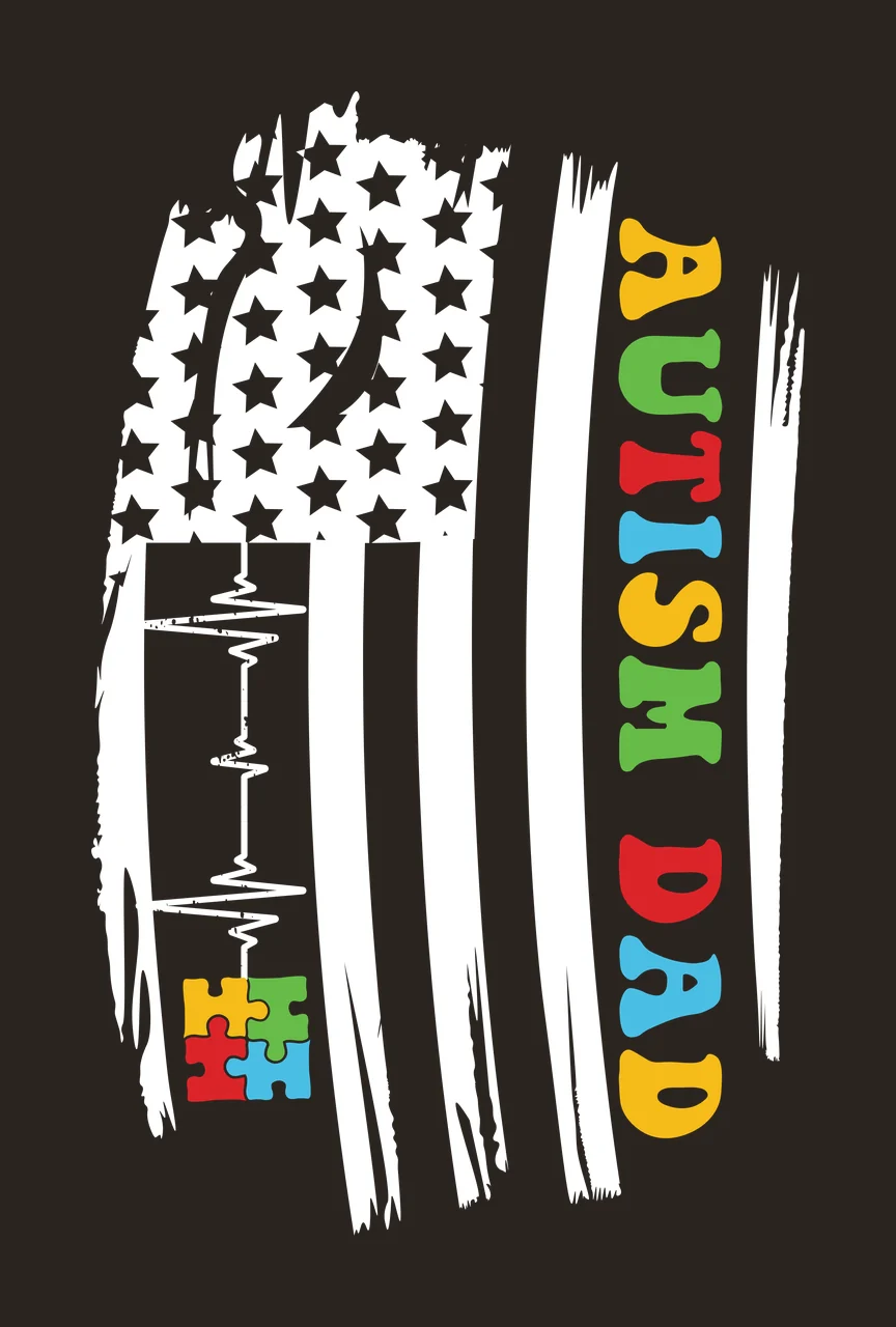 AUTISM DAD Typography Design with vertical text 'AUTISM DAD' and four interlocking puzzle pieces in yellow, green and red contrast preview thumbnail