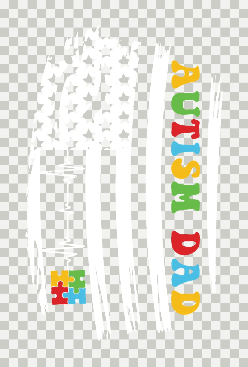 AUTISM DAD Typography Design with vertical text 'AUTISM DAD' and four interlocking puzzle pieces in yellow, green and red transparency and detail preview thumbnail