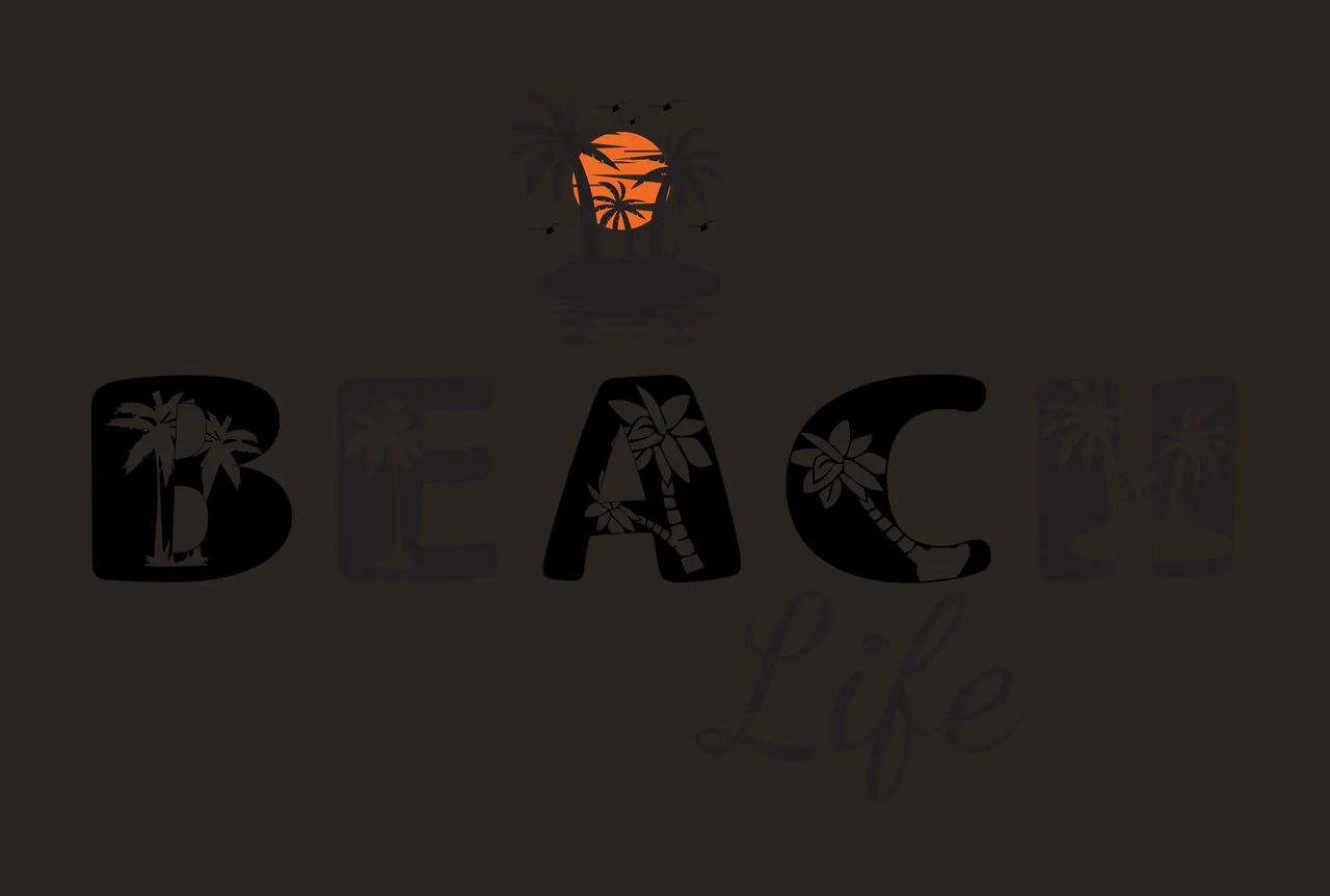 BEACH Life BEACH Life logo Design with black letters B E A C H, white palm tree silhouettes inside letter shapes, orange sun behind black island silhouette and white flowers on letter A and letter H contrast preview thumbnail